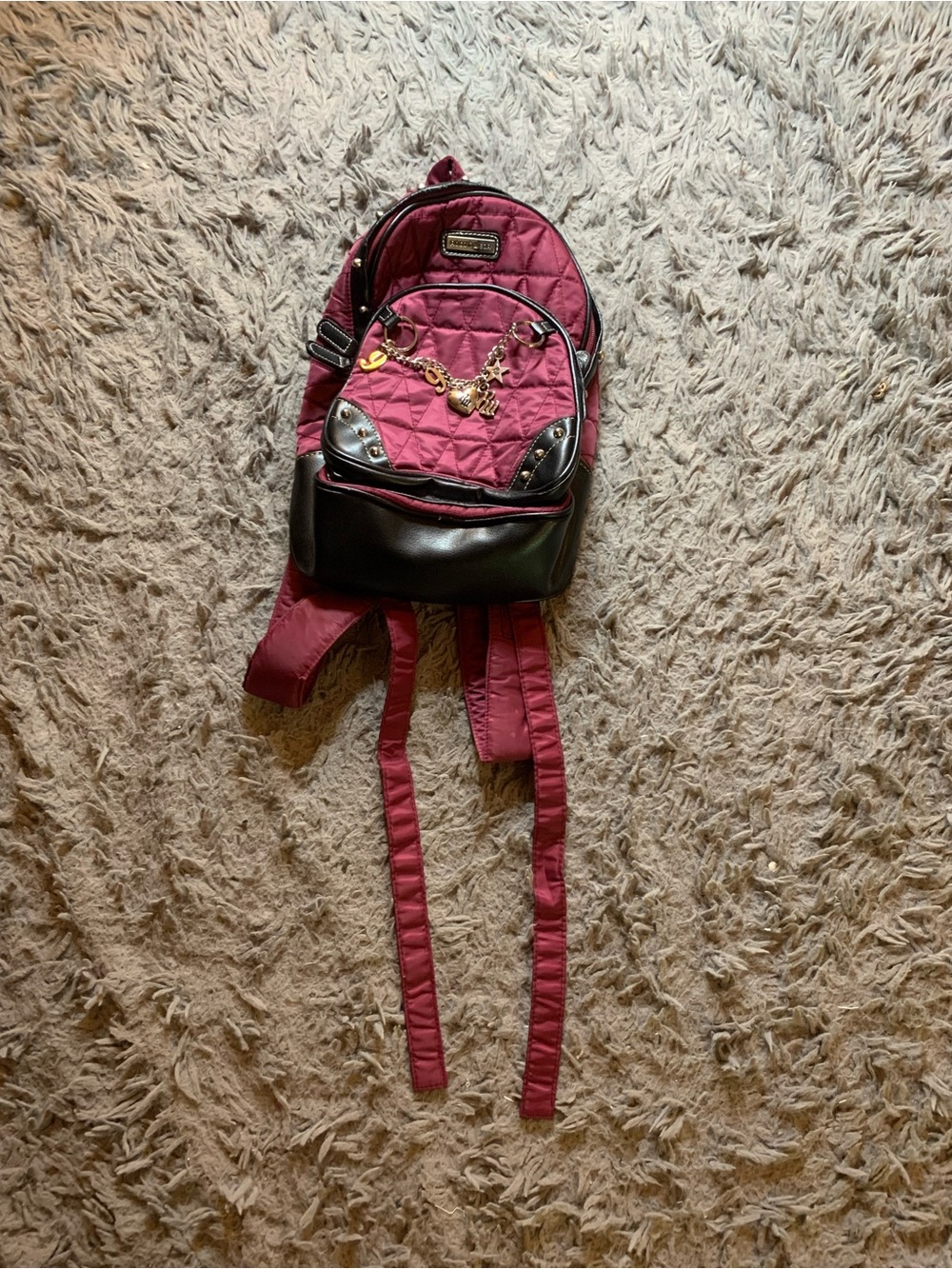 Vintage Y2K Burgundy and black quilted Rocawear charm studded mini backpack